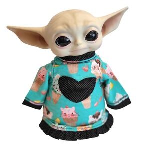 Dress for 11" Grogu Baby yoda Mattel GIRL Yodette Doll. Flannel Teal Cats Hearts